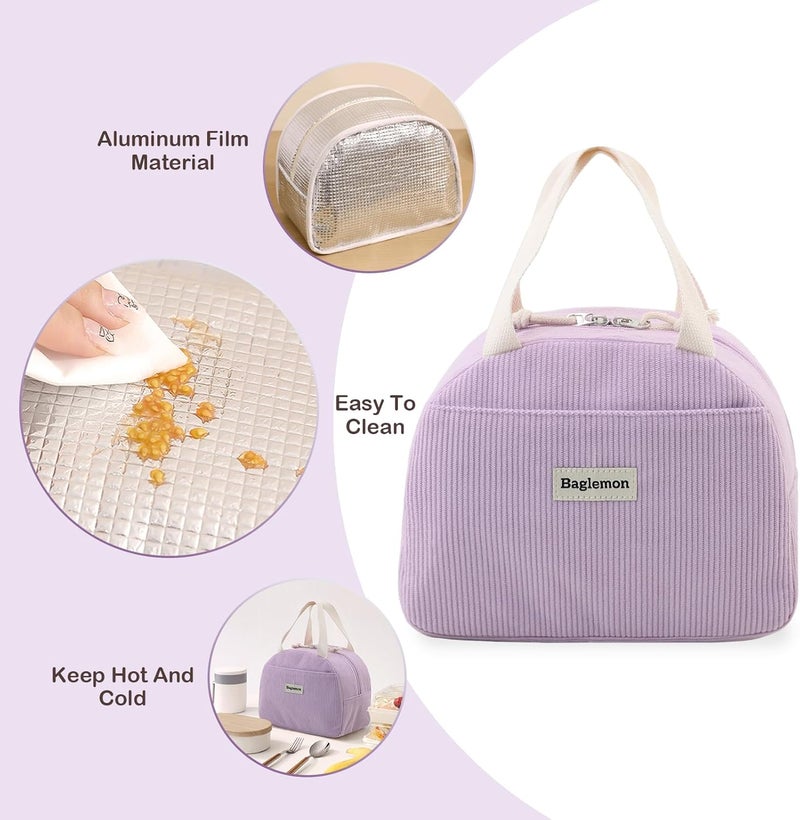 Baglemon Lunch Bag for Women Men Cute Corduroy Lunch Tote Bags Reusable Insulated Lunch Box Large Capacity Reusable Insulated Cooler for Work/Picnic/Travel - Image 3